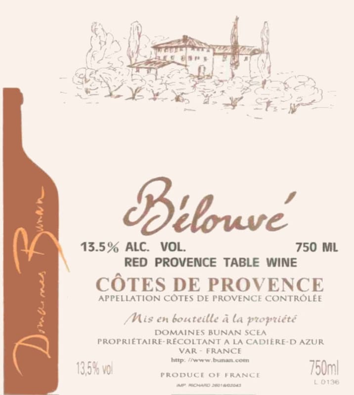 Domaines Bunan Cotes de Provence Belouve Rouge 2011 Front Label