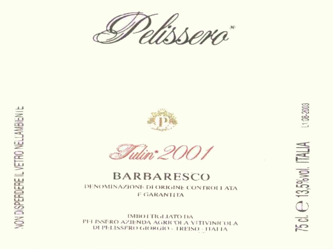 Pelissero Barbaresco Tulin 2001 Front Label