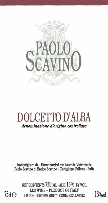 Paolo Scavino Dolcetto d'Alba 2014 Front Label
