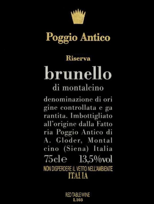 Poggio Antico Brunello di Montalcino Riserva 2003 Front Label