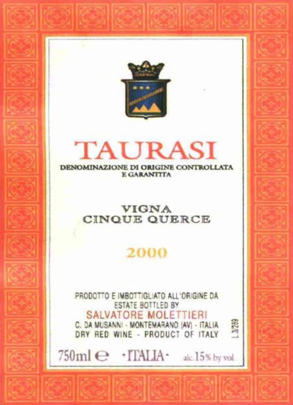 Salvatore Molettieri Taurasi Vigna Cinque Querce 2000 Front Label