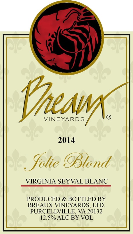 Breaux Vineyards Jolie Blond Seyval Blanc 2014 Front Label