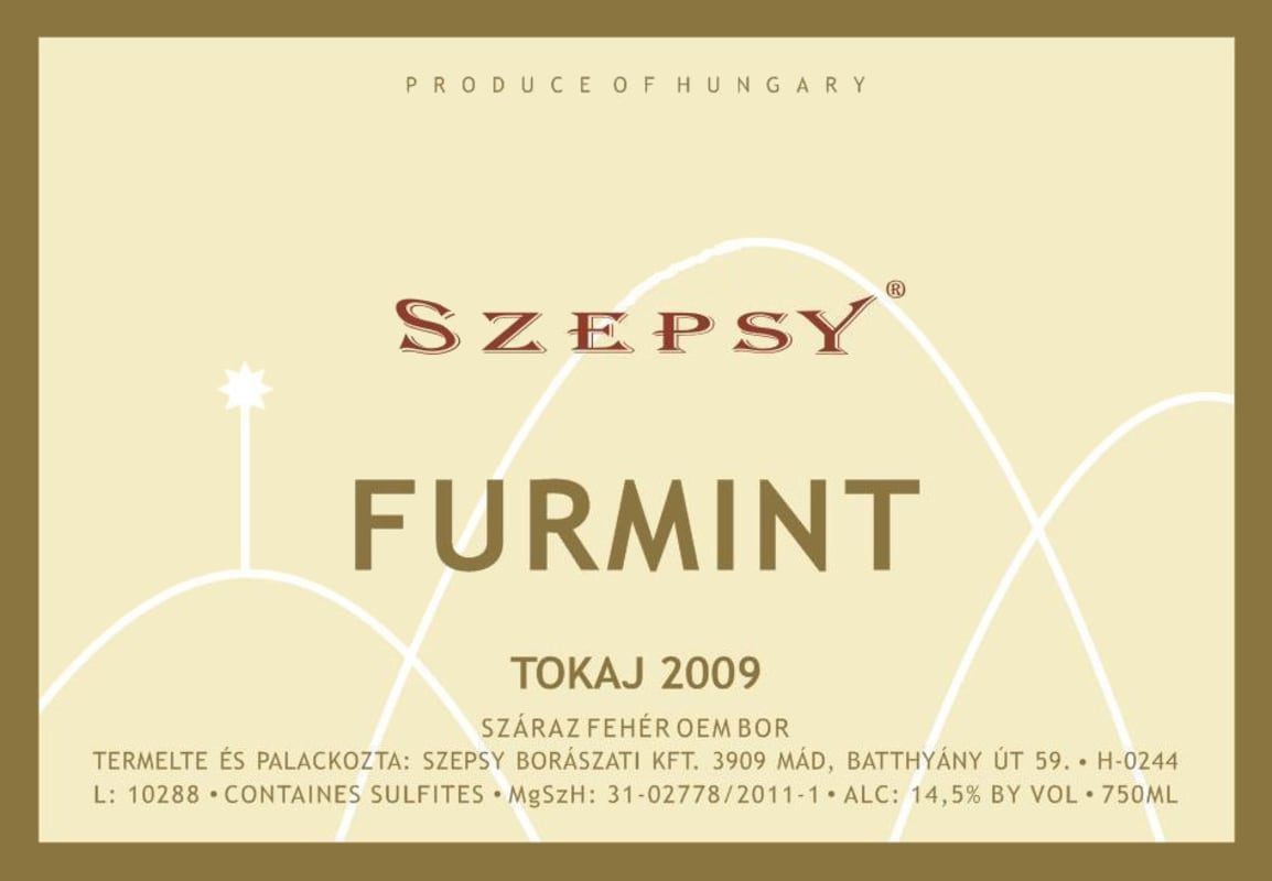 Szepsy Tokaji Szaraz Furmint 2009 Front Label