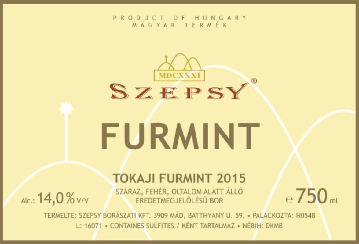 Szepsy Tokaji Szaraz Furmint 2015 Front Label