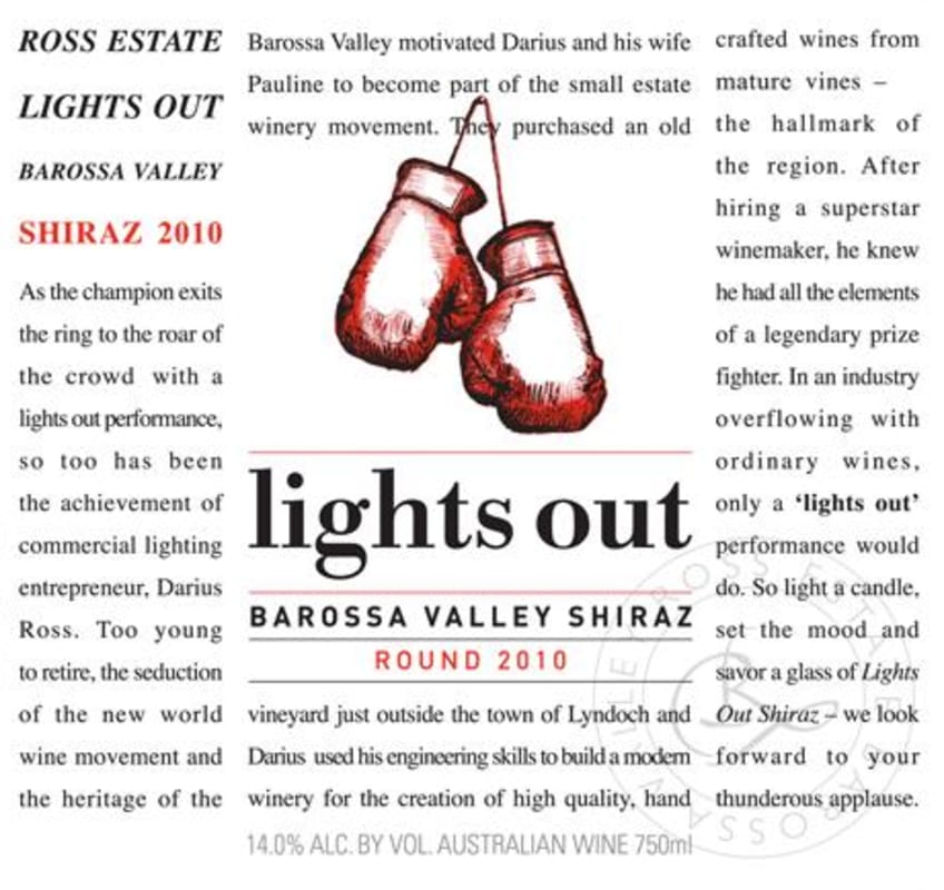 Ross Estate Lights Out Shiraz 2010 Front Label