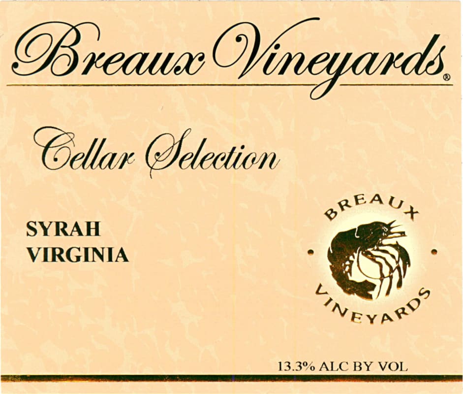 Breaux Vineyards Cellar Selection Syrah 2010 Front Label