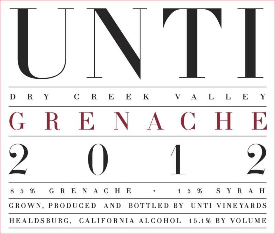 Unti Grenache 2012 Front Label