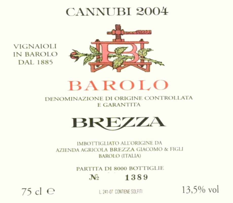 Brezza Barbera d'Alba Cannubi 2004 Front Label