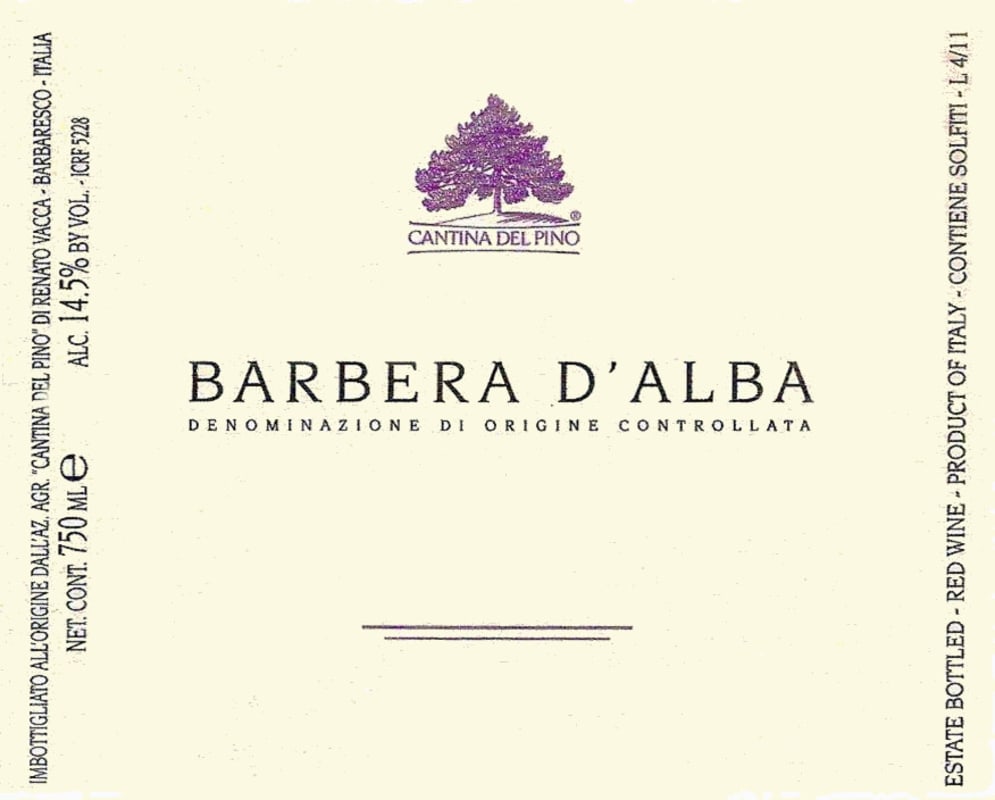 Cantina del Pino Barbera d'Alba 2012 Front Label