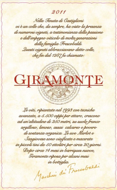 Frescobaldi Castiglioni Giramonte 2011 Front Label