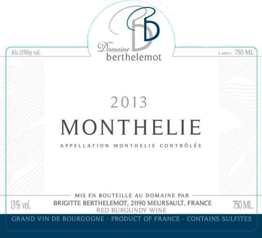 Domaine Berthelemot Monthelie Rouge 2013 Front Label