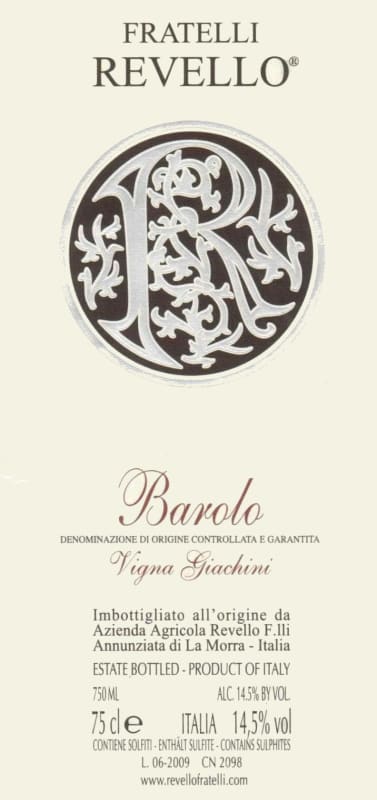 Fratelli Revello Barolo Giachini 2008 Front Label