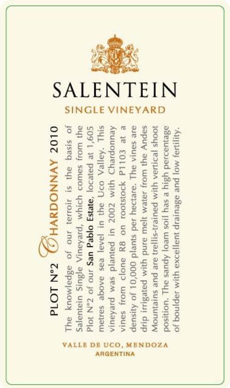 Salentein Single Vineyard Chardonnay 2010 Front Label