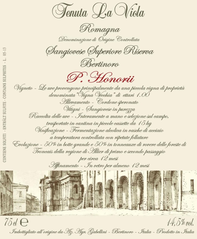 Tenuta la Viola Sangiovese di Romagna Superiore Riserva P.Honorii 2012 Front Label