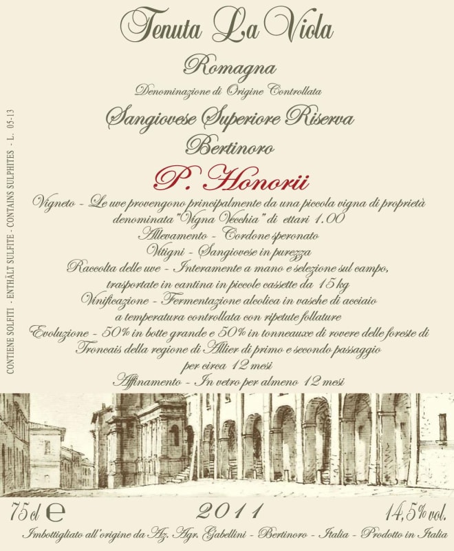 Tenuta la Viola Sangiovese di Romagna Superiore Riserva P.Honorii 2011 Front Label