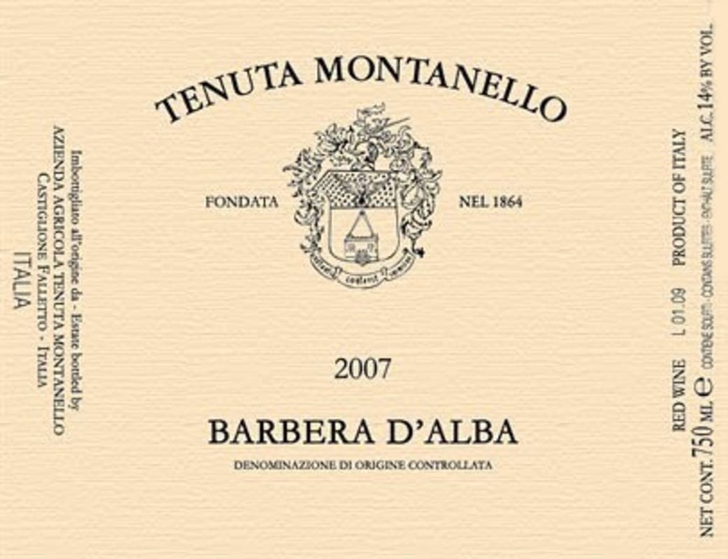 Tenuta Montanello Barbera d'Alba 2007 Front Label
