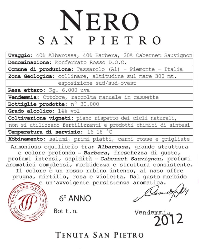 Tenuta San Pietro Nero San Pietro 2012 Front Label