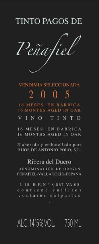 Tintos Pagos de Penafiel Vendemmia Seleccionada 2005 Front Label