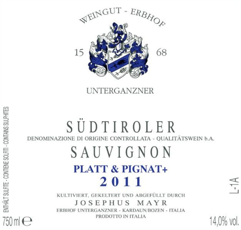 Erbhof Unterganzner Platt & Pignat Sauvignon 2011 Front Label