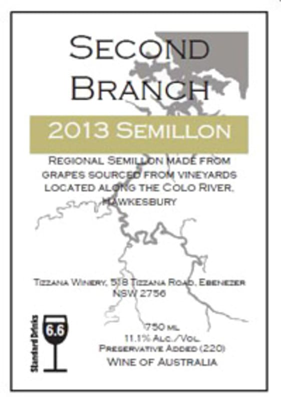 Tizzana Winery Second Branch Semillon 2013 Front Label