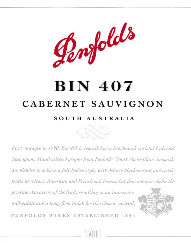 Penfolds Bin 407 Cabernet Sauvignon 1998 Front Label