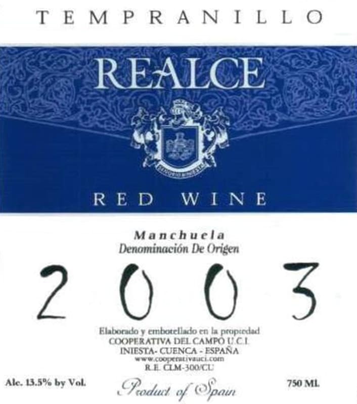 Union Campesina Iniestense Realce Tempranillo 2003 Front Label