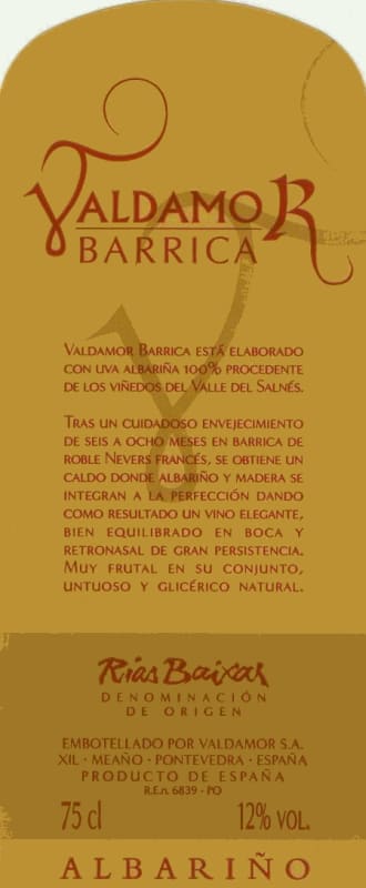 Valdamor Barrica Albarino 2006 Front Label