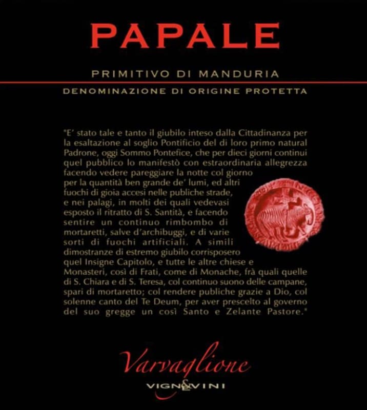 Varvaglione Primitivo di Manduria Papale 2008 Front Label