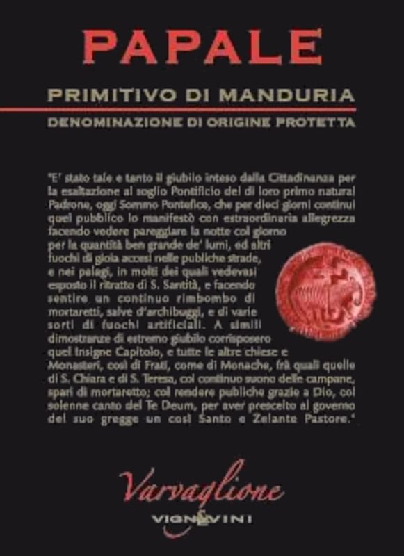 Varvaglione Papale Primitivo di Manduria 2013 Front Label