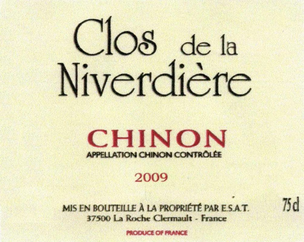 Vignoble du Paradis Chinon Clos de la Niverdiere 2009 Front Label