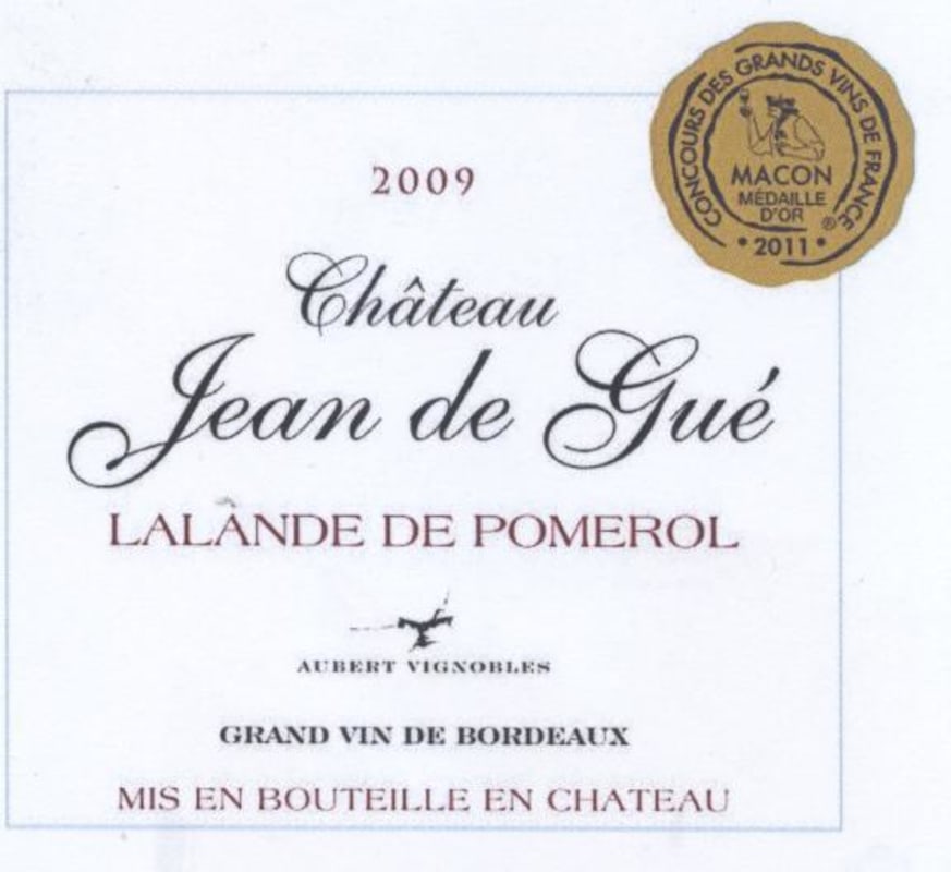 Vignobles Aubert Lalande de Pomerol Chateau Jean de Gue 2009 Front Label