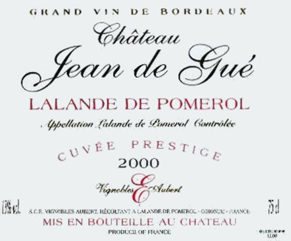Chateau Jean de Gue Lalande de Pomerol Cuvee Prestige 2000 Front Label