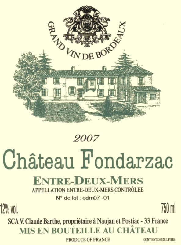 Vignobles Claude Barthe Chateau Fondarzac 2007 Front Label