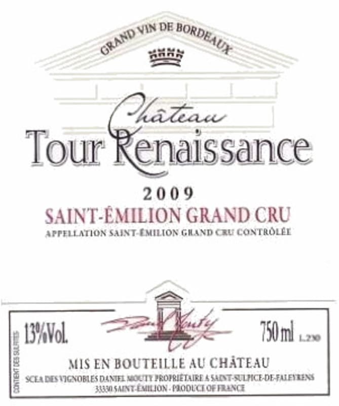 Vignobles Daniel Mouty Saint-Emilion Chateau Tour Renaissance Grand Cru 2009 Front Label