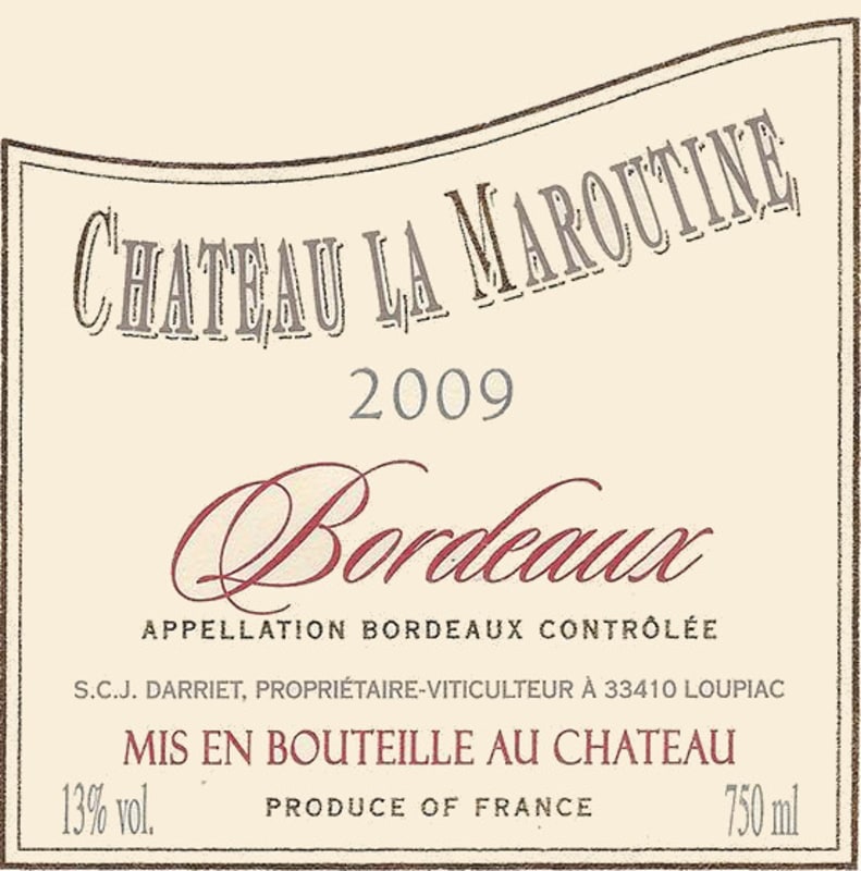 Vignobles Darriet Bordeaux Chateau La Maroutine Rouge 2009 Front Label