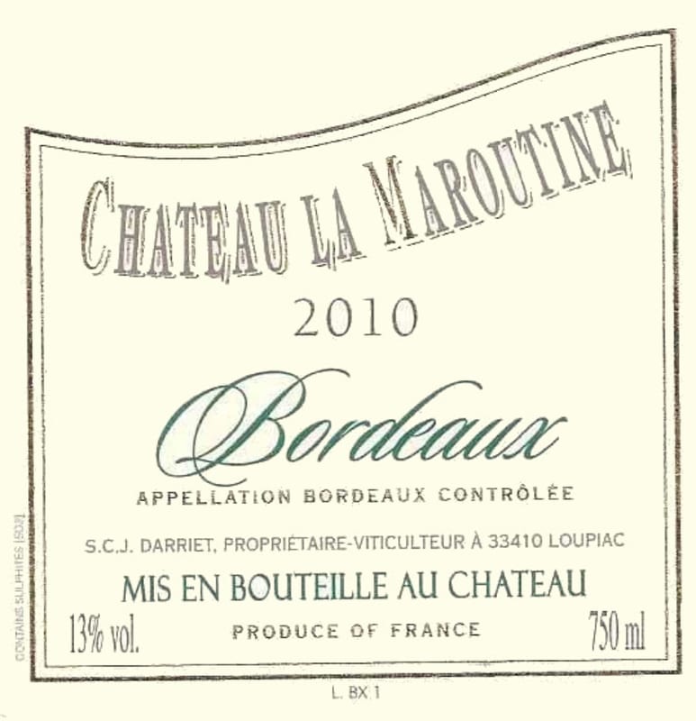 Vignobles Darriet Bordeaux Chateau La Maroutine Blanc 2010 Front Label