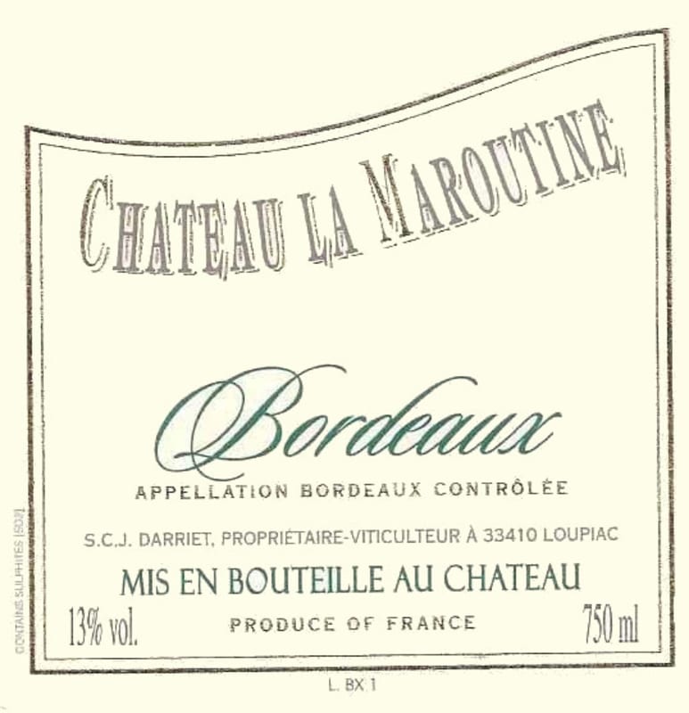 Vignobles Darriet Bordeaux Chateau La Maroutine Blanc 2011 Front Label