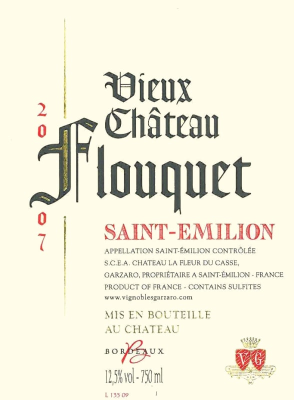 Vignobles Garzaro Vieux Chateau Flouquet 2007 Front Label