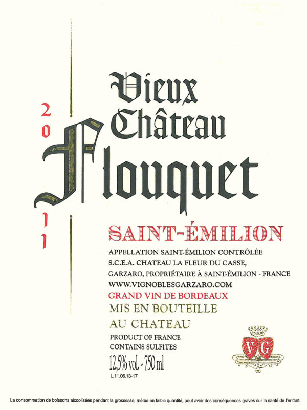 Vignobles Garzaro Vieux Chateau Flouquet 2011 Front Label