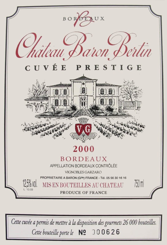 Vignobles Garzaro Chateau Baron Bertin Cuvee Prestige 2000 Front Label
