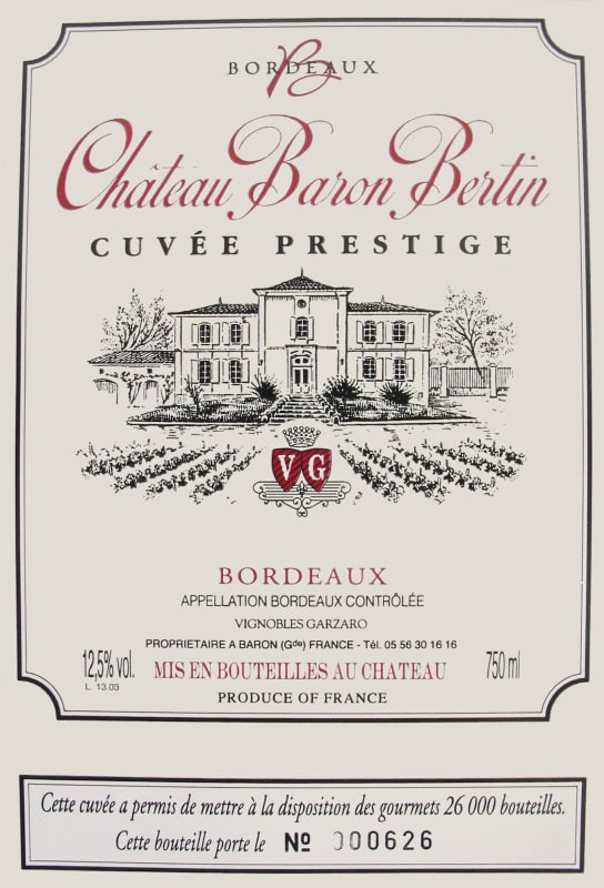 Vignobles Garzaro Chateau Baron Bertin Cuvee Prestige 2003 Front Label