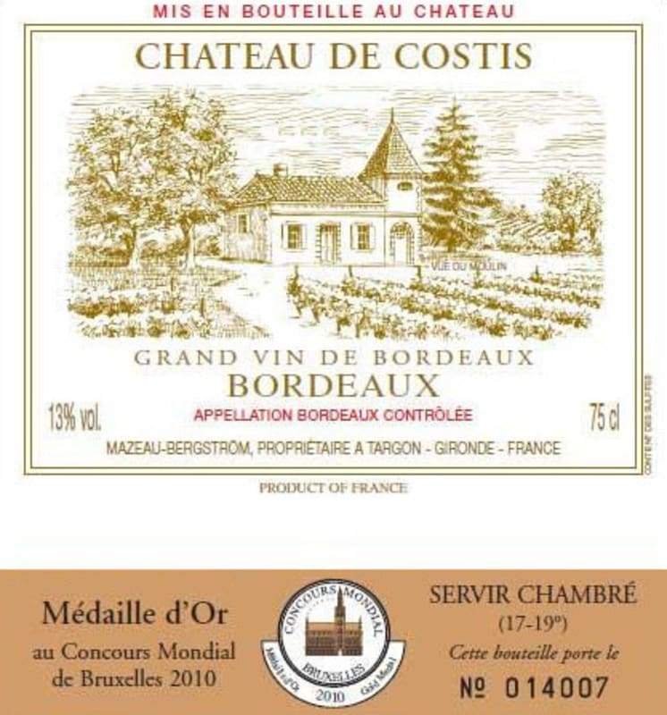 Vignobles Laurent Mazeau Chateau de Costis 2013 Front Label