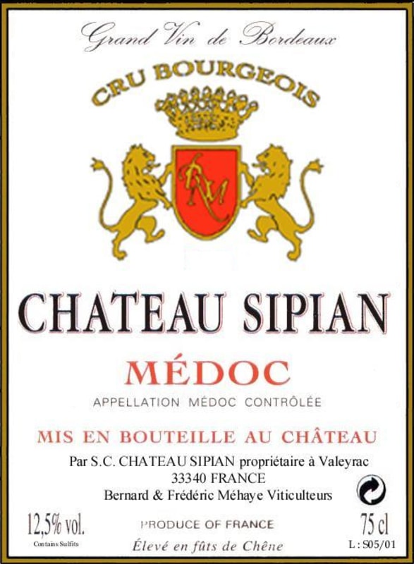 Vignobles Mehaye Medoc Chateau Sipian 2012 Front Label
