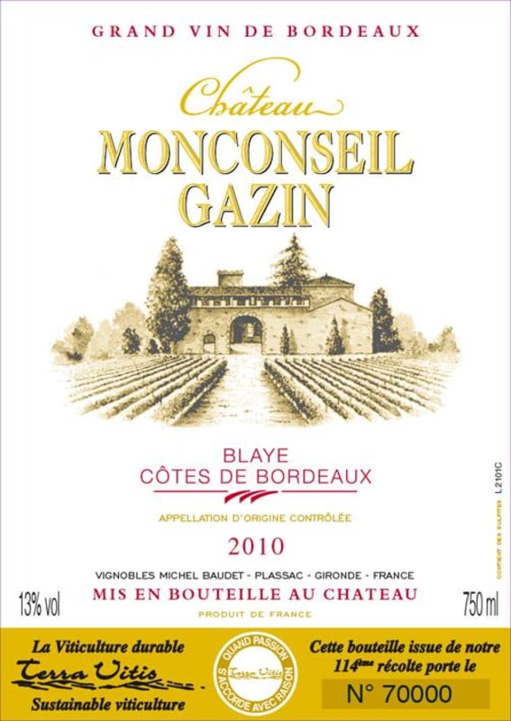 Chateau Monconseil Gazin Blaye Cotes de Bordeaux Rouge 2010 Front Label