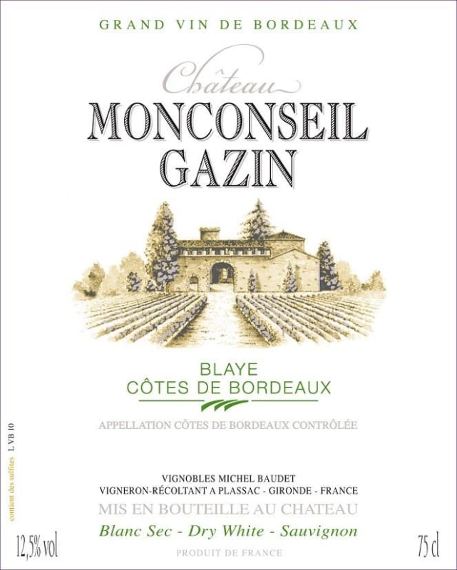 Chateau Monconseil Gazin Blaye Cotes de Bordeaux Blanc 2014 Front Label