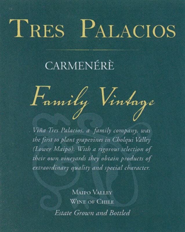 Vina Tres Palacios Family Vintage Carmenere 2013 Front Label