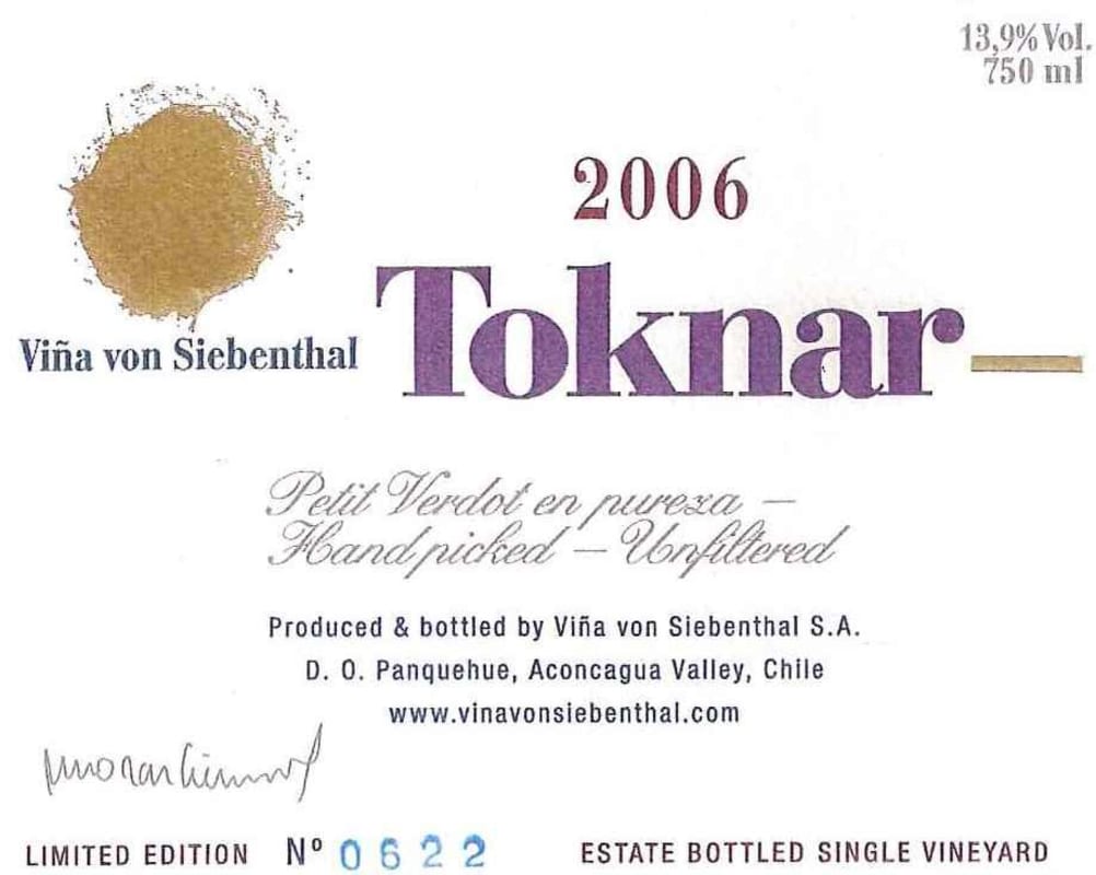 Vina von Siebenthal Toknar Petit Verdot 2006 Front Label