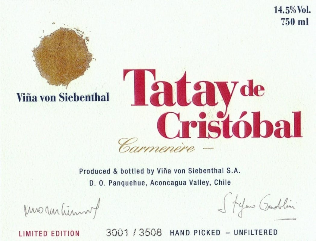 Vina von Siebenthal Tatay de Cristobal Carmenere 2011 Front Label
