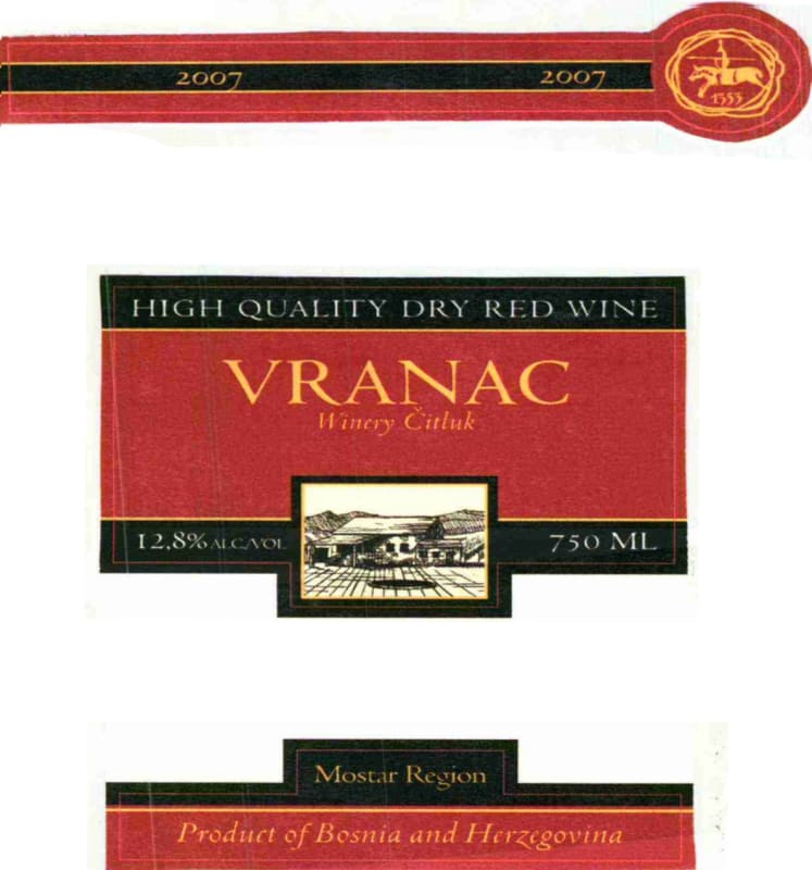 Vinarija Citluk dd Citluk Vrhunsko Suho Vranac 2007 Front Label
