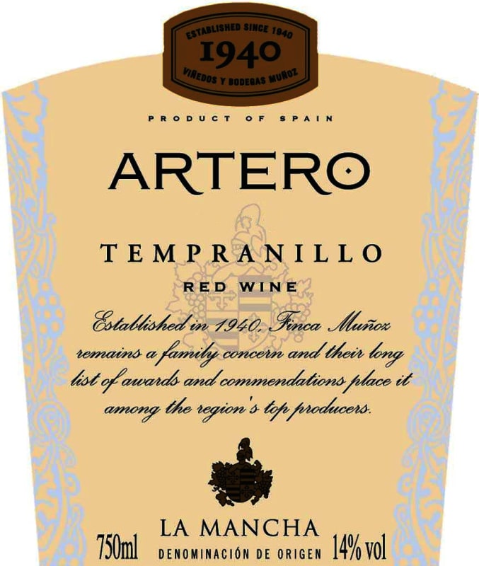 Vinedos & Bodegas Munoz Artero Tempranillo 2012 Front Label